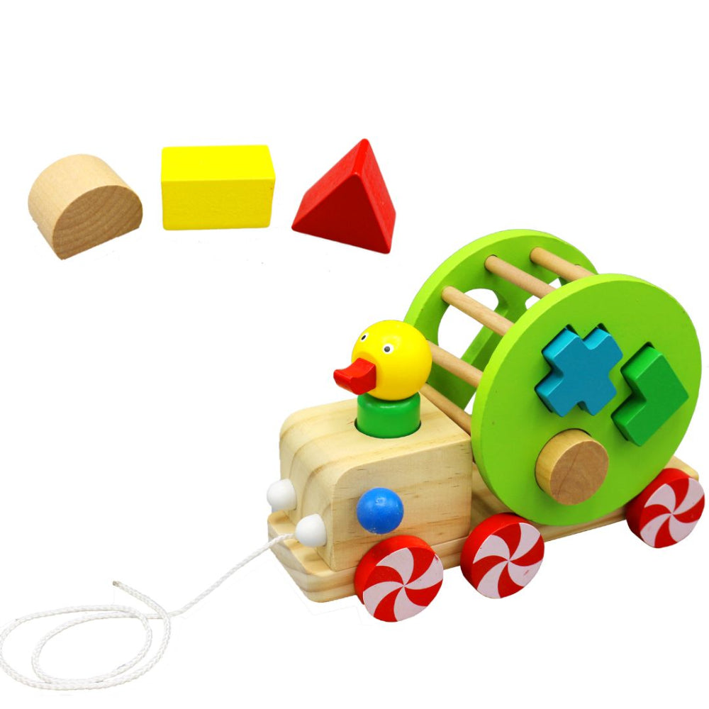 Colorful Pull Along Walking Wooden Block Duck Pull Cart Toy For Kids