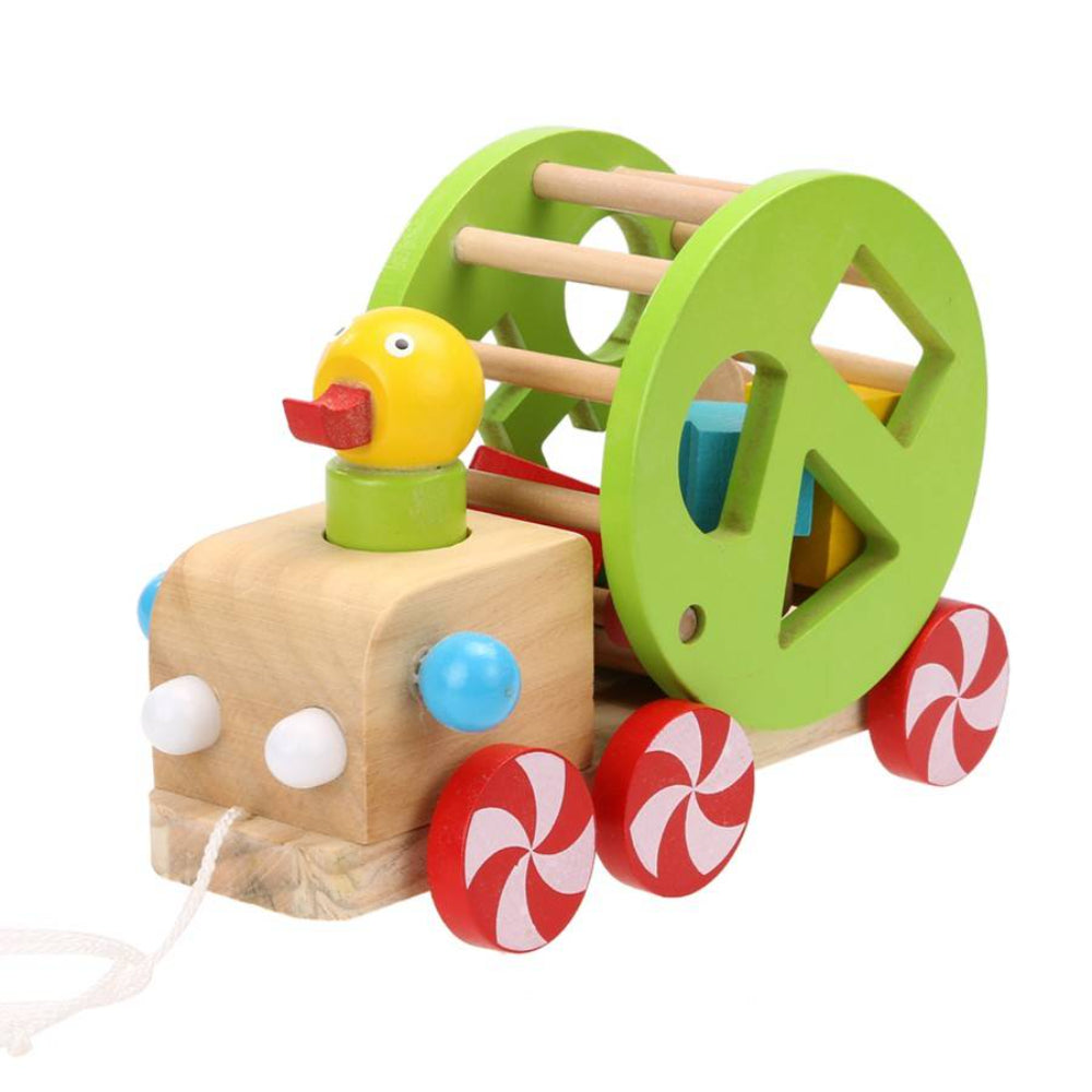 Colorful Pull Along Walking Wooden Block Duck Pull Cart Toy For Kids